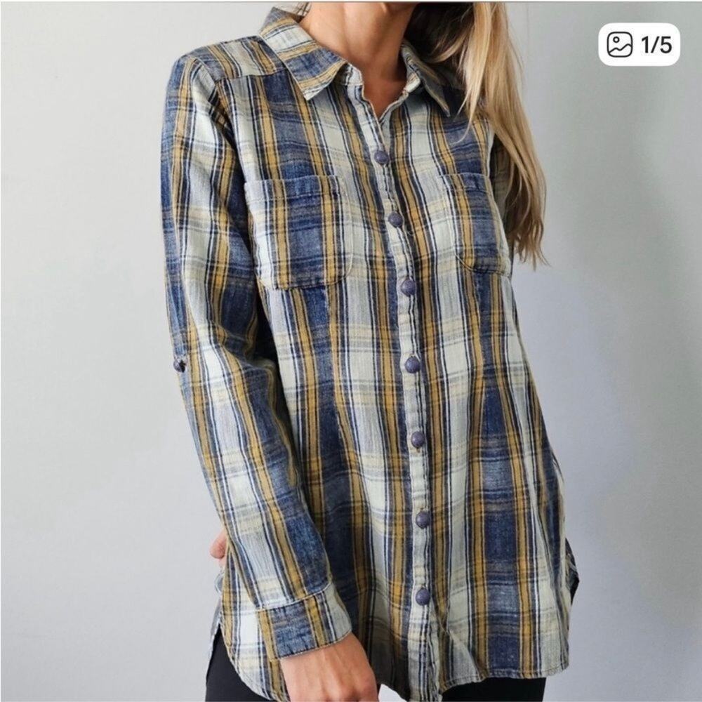 Soft Surroundings Boho Plaid Mixed Media Button Down Shirt Women's Medium Blue
